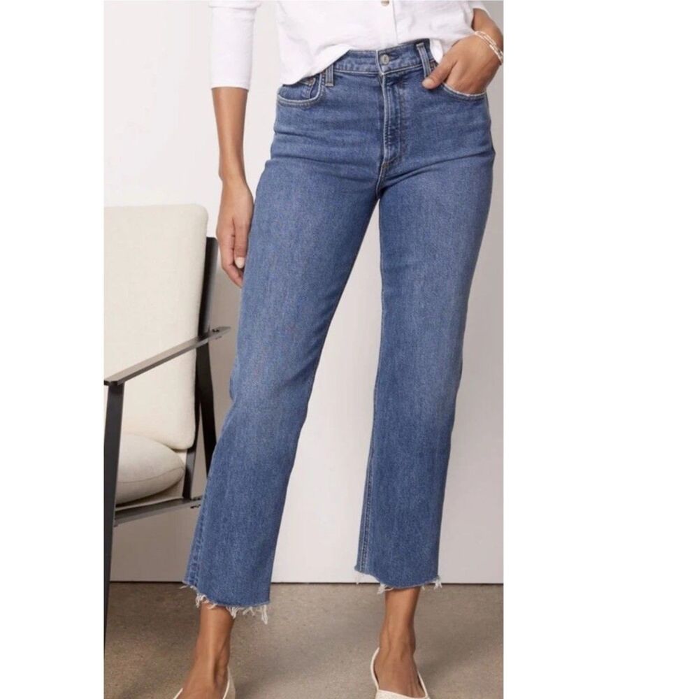 Agolde Kye Mid Rise Straight Ankle Jeans Size 28 Blue Raw Hem Frayed Casual Chic